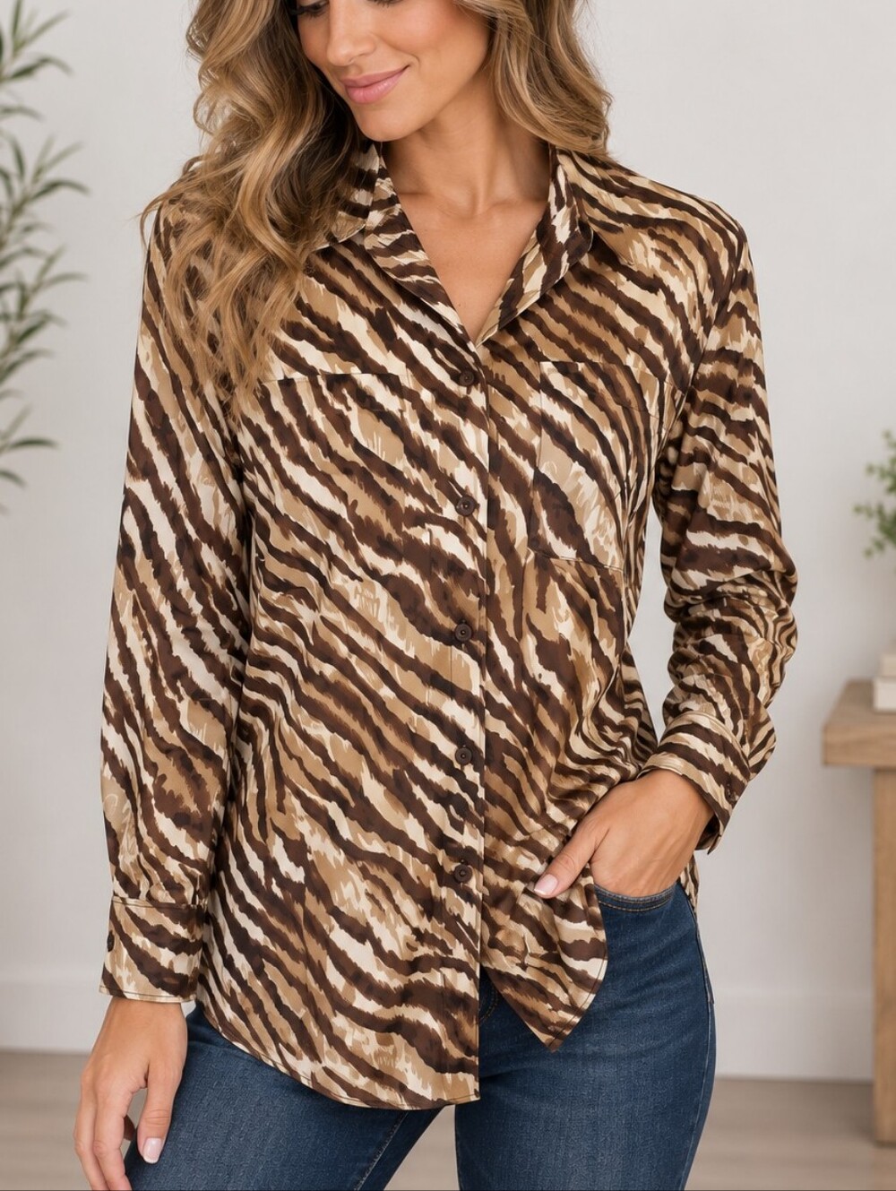 LIZ CLAIBORNE LIZ SPORT Brown & Tan Tiger Print Button-Up Shirt – Small